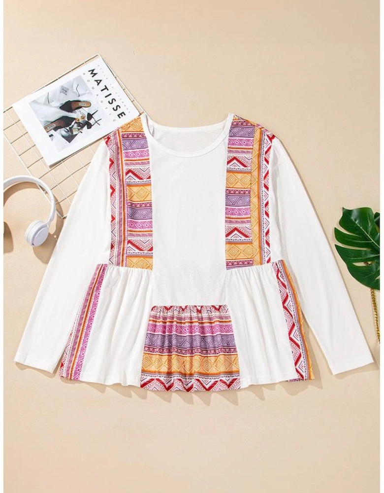 White Western Aztec Print Patchwork Ruffled Tunic Long Sleeve Babydoll Top