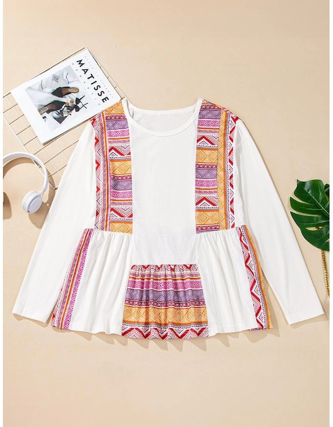 White Western Aztec Print Patchwork Ruffled Tunic Long Sleeve Babydoll Top