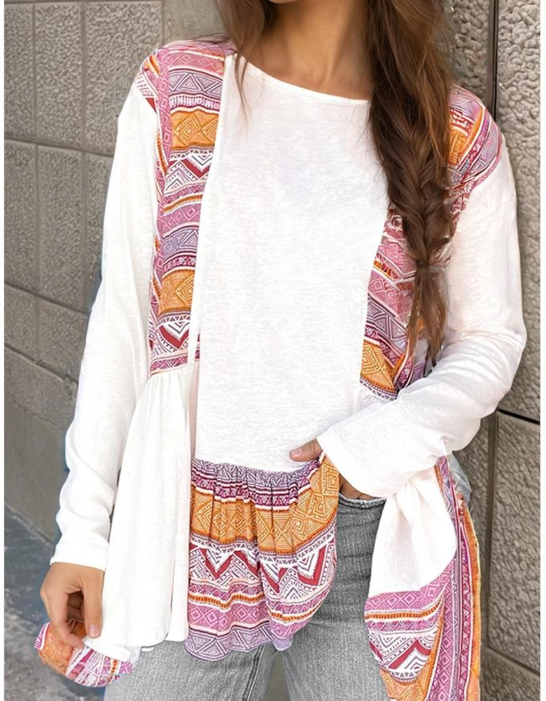 White Western Aztec Print Patchwork Ruffled Tunic Long Sleeve Babydoll Top