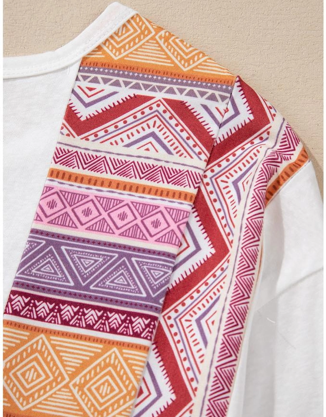 White Western Aztec Print Patchwork Ruffled Tunic Long Sleeve Babydoll Top