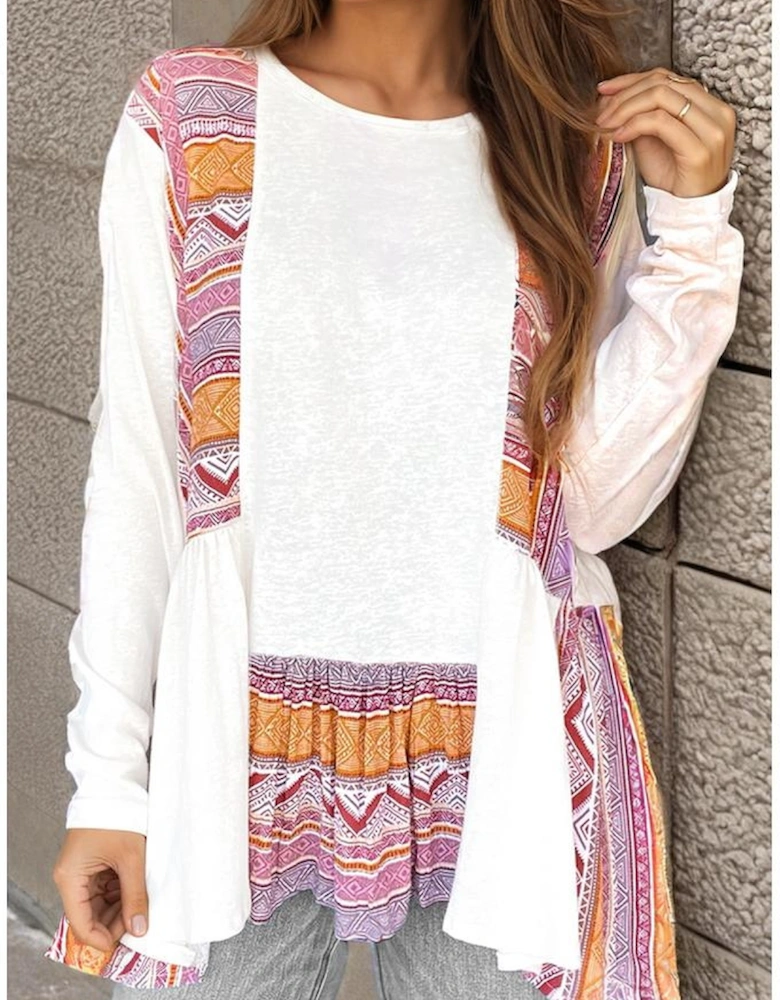 White Western Aztec Print Patchwork Ruffled Tunic Long Sleeve Babydoll Top