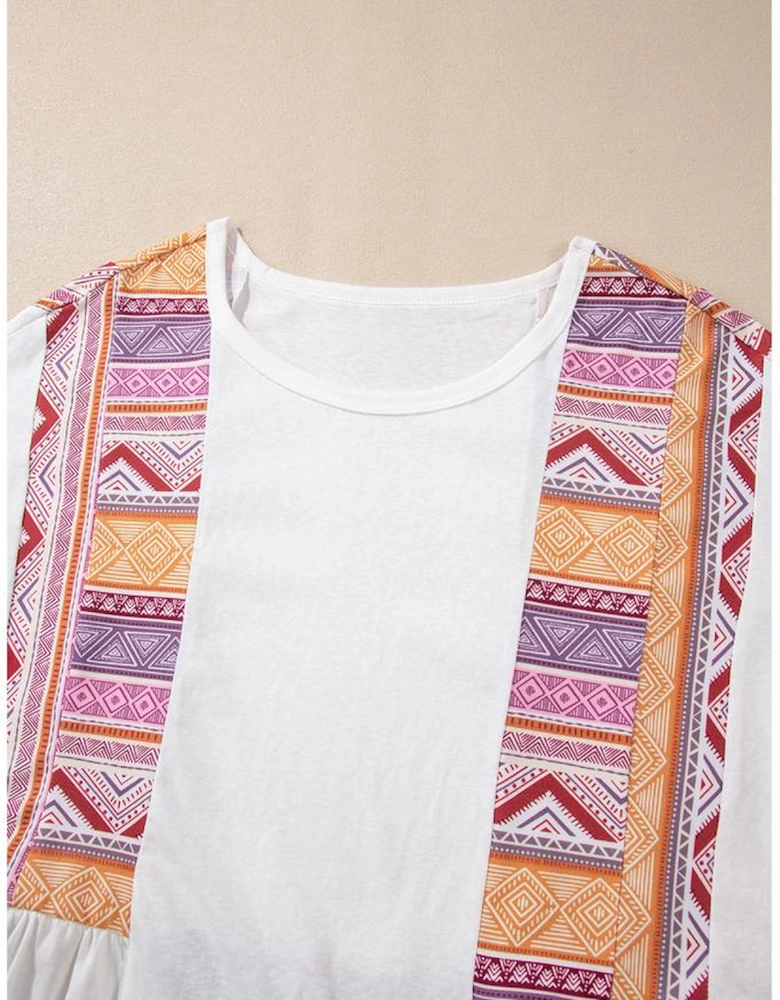 White Western Aztec Print Patchwork Ruffled Tunic Long Sleeve Babydoll Top