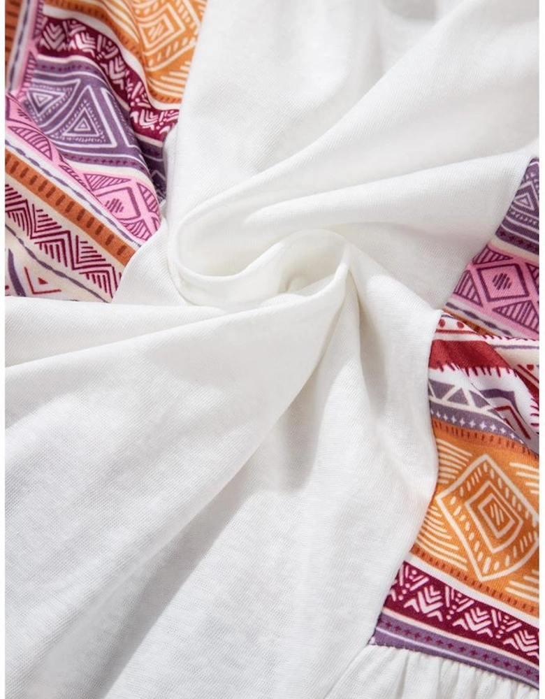 White Western Aztec Print Patchwork Ruffled Tunic Long Sleeve Babydoll Top