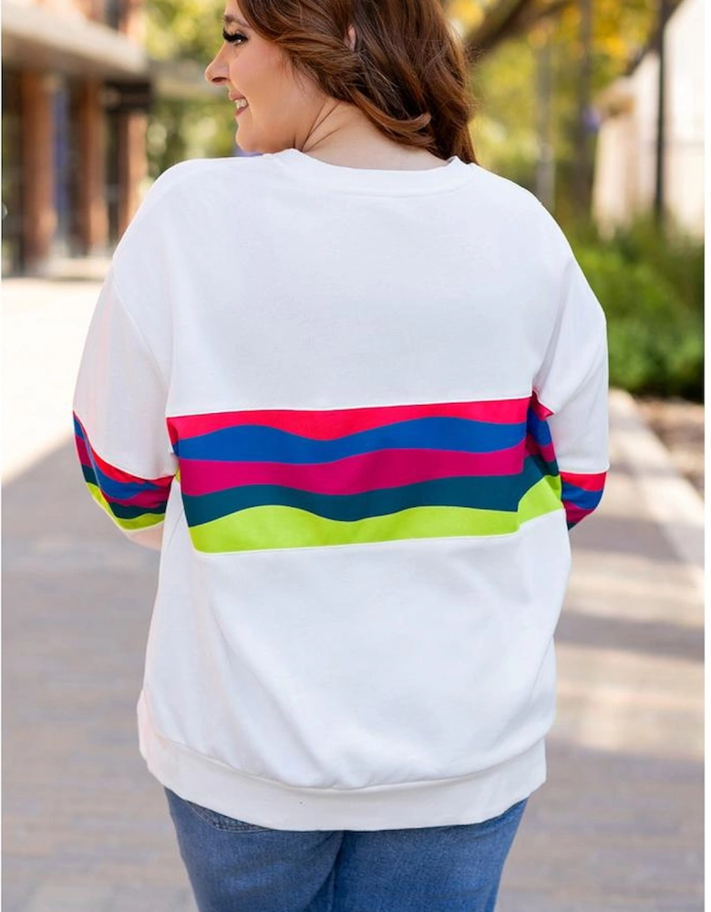 White Plus Size Colorful Striped Drop Shoulder Loose Sweatshirt