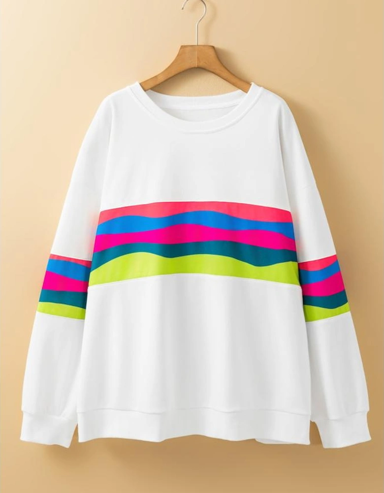 White Plus Size Colorful Striped Drop Shoulder Loose Sweatshirt