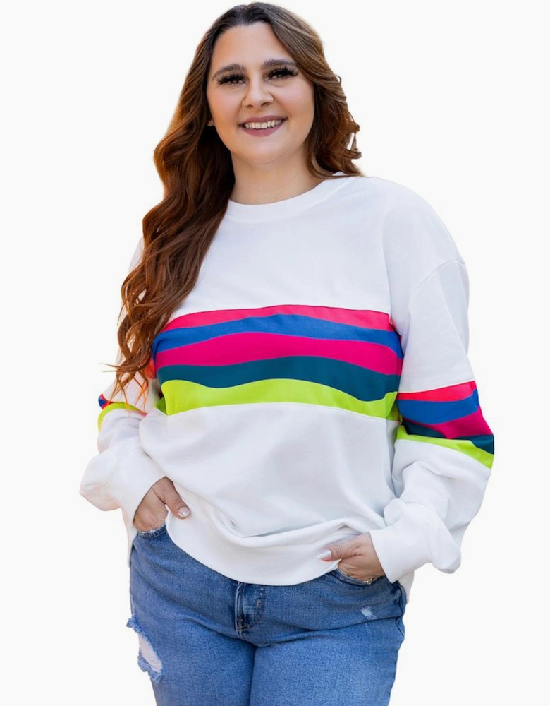 White Plus Size Colorful Striped Drop Shoulder Loose Sweatshirt