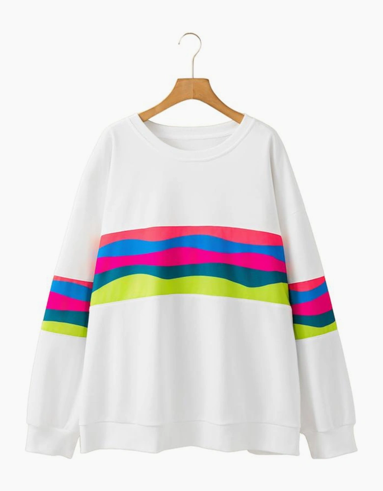 White Plus Size Colorful Striped Drop Shoulder Loose Sweatshirt