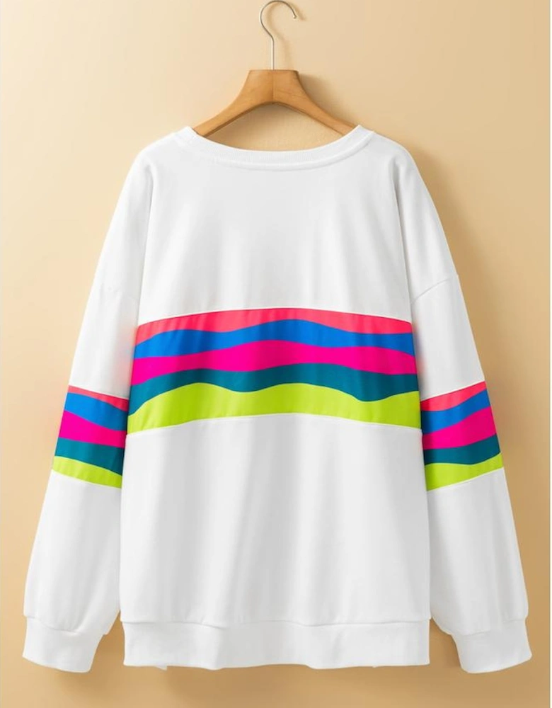 White Plus Size Colorful Striped Drop Shoulder Loose Sweatshirt