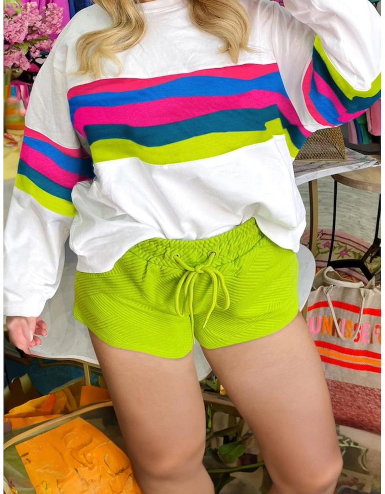 White Plus Size Colorful Striped Drop Shoulder Loose Sweatshirt