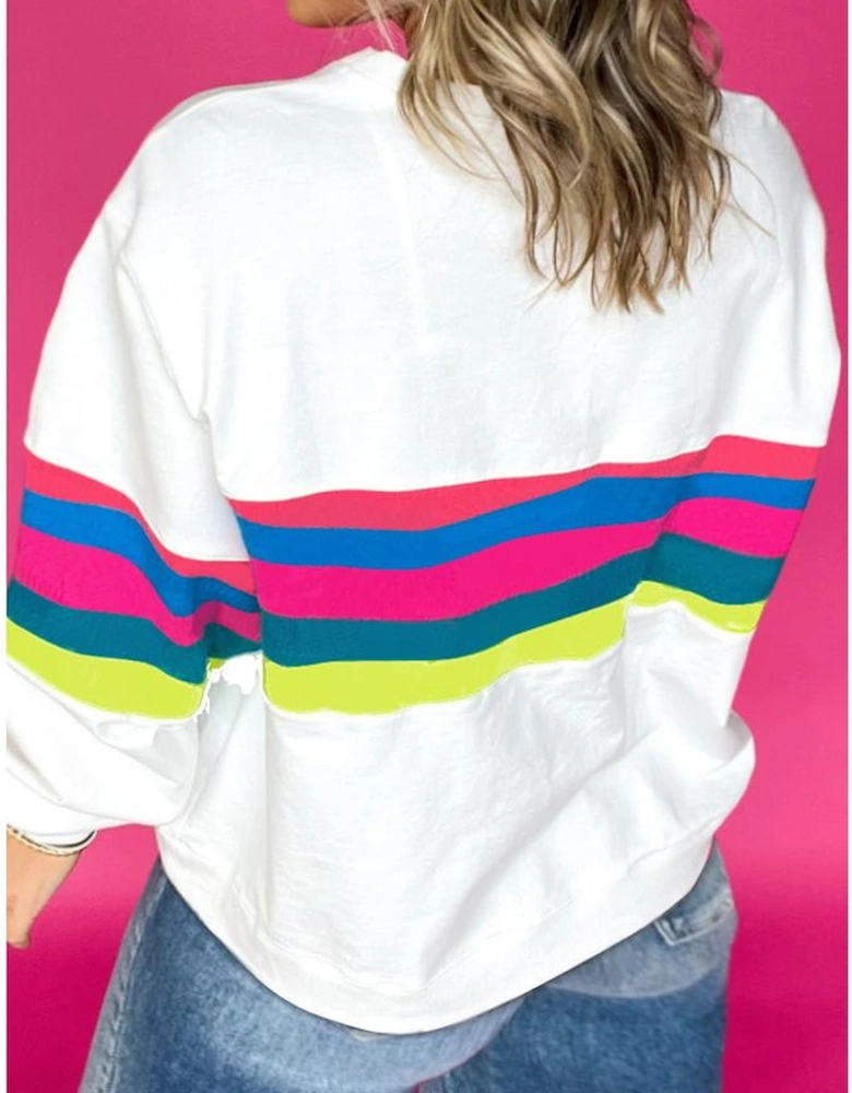 White Plus Size Colorful Striped Drop Shoulder Loose Sweatshirt