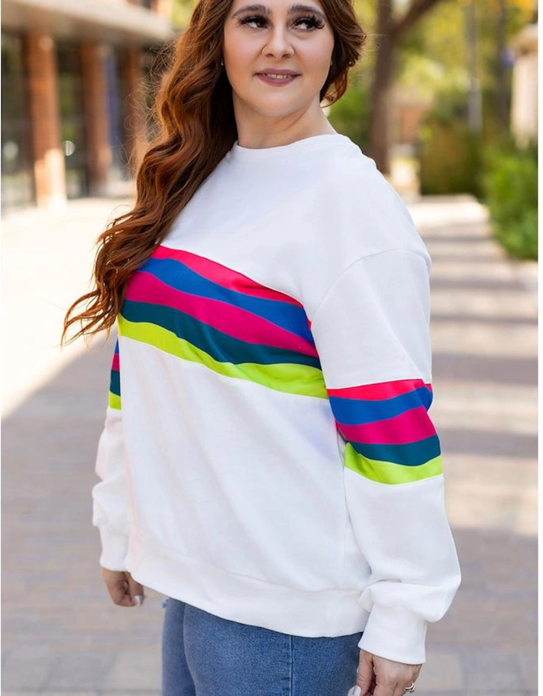 White Plus Size Colorful Striped Drop Shoulder Loose Sweatshirt