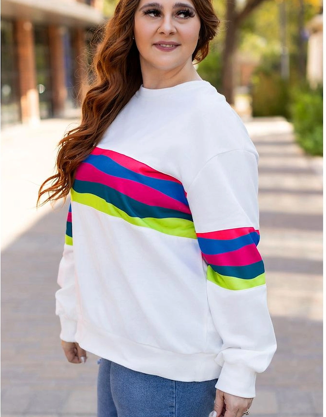 White Plus Size Colorful Striped Drop Shoulder Loose Sweatshirt