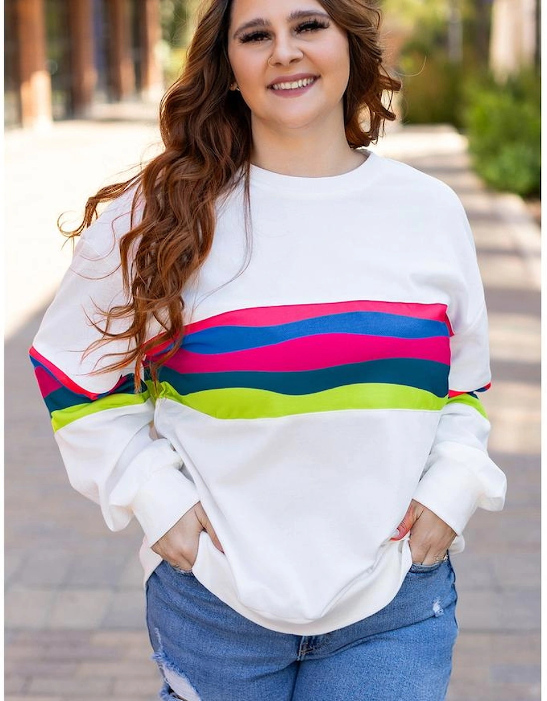 White Plus Size Colorful Striped Drop Shoulder Loose Sweatshirt