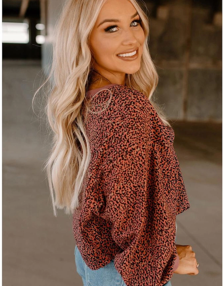 Vintage Leopard Bubble Sleeve Pullover Sweatshirt