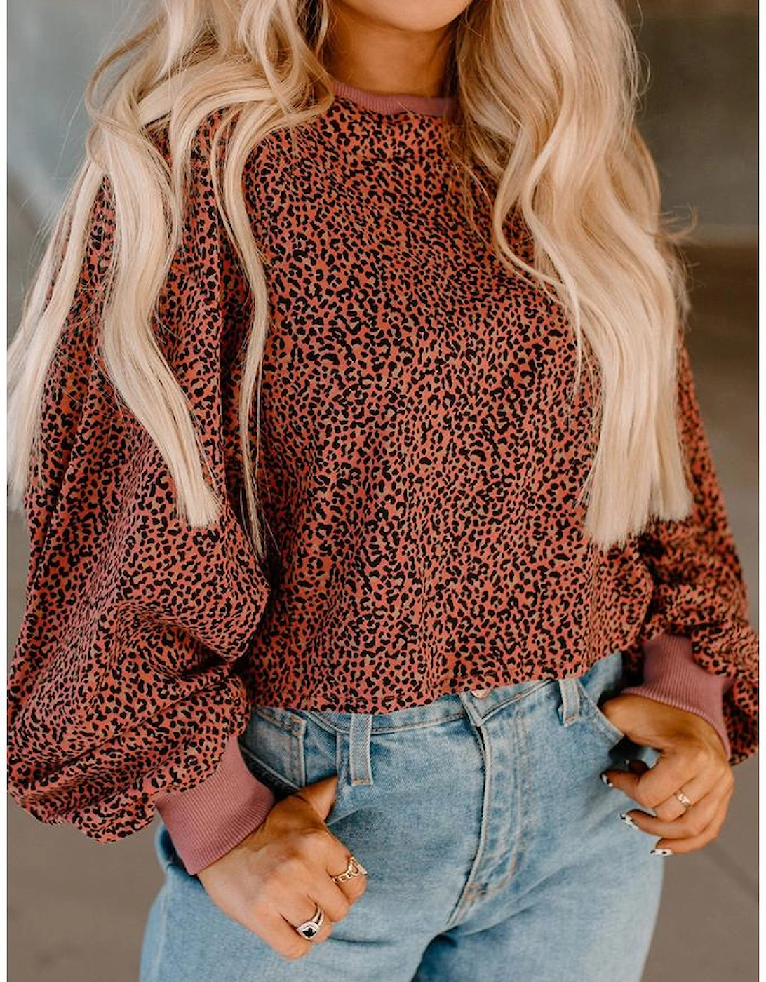 Vintage Leopard Bubble Sleeve Pullover Sweatshirt