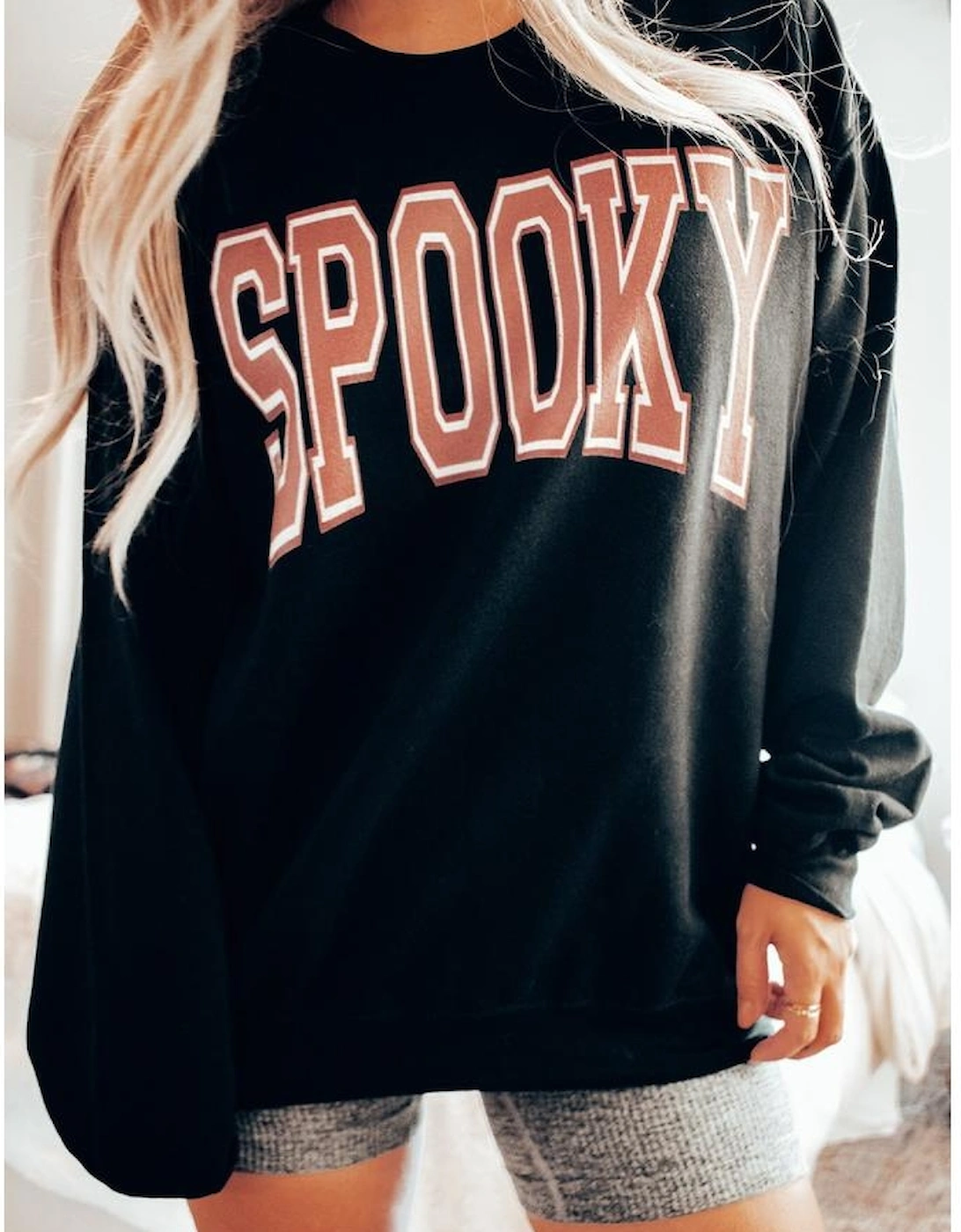 Black SPOOKY Graphic Drop Shoulder Halloween Pullover Sweatshirt, 10 of 9
