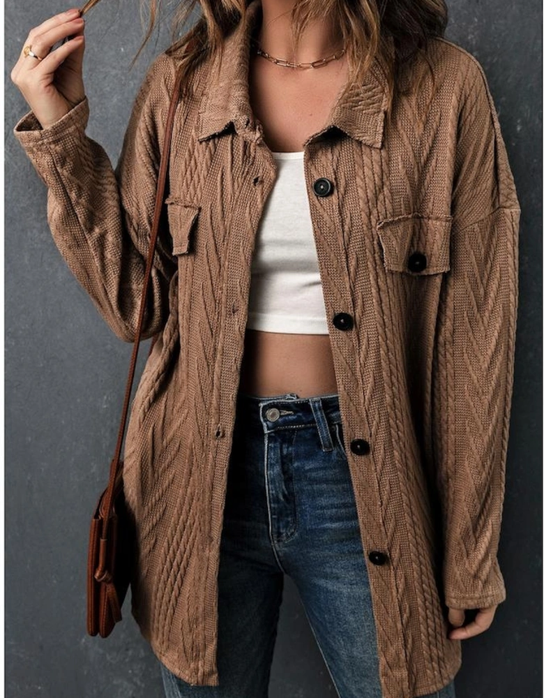 Azura Exchange Khaki Oversize Textured Knit Button Front Shacket