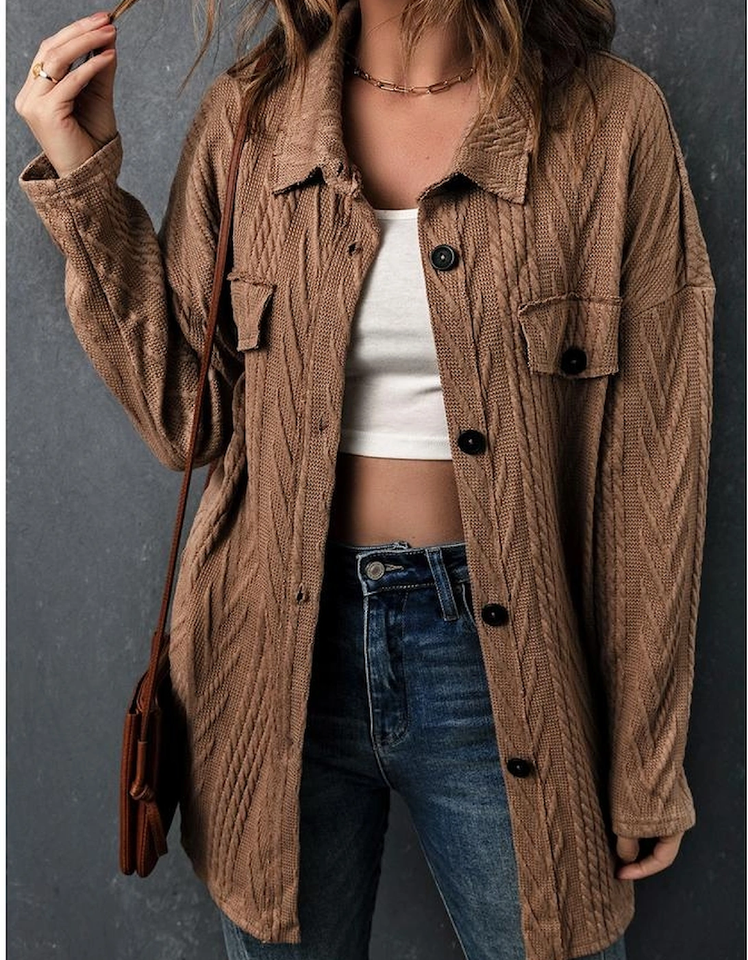 Azura Exchange Khaki Oversize Textured Knit Button Front Shacket