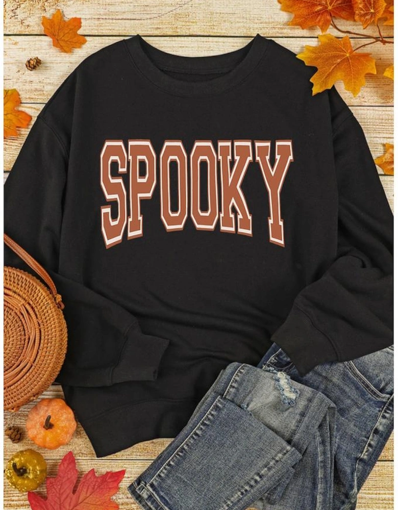 Black SPOOKY Graphic Drop Shoulder Halloween Pullover Sweatshirt