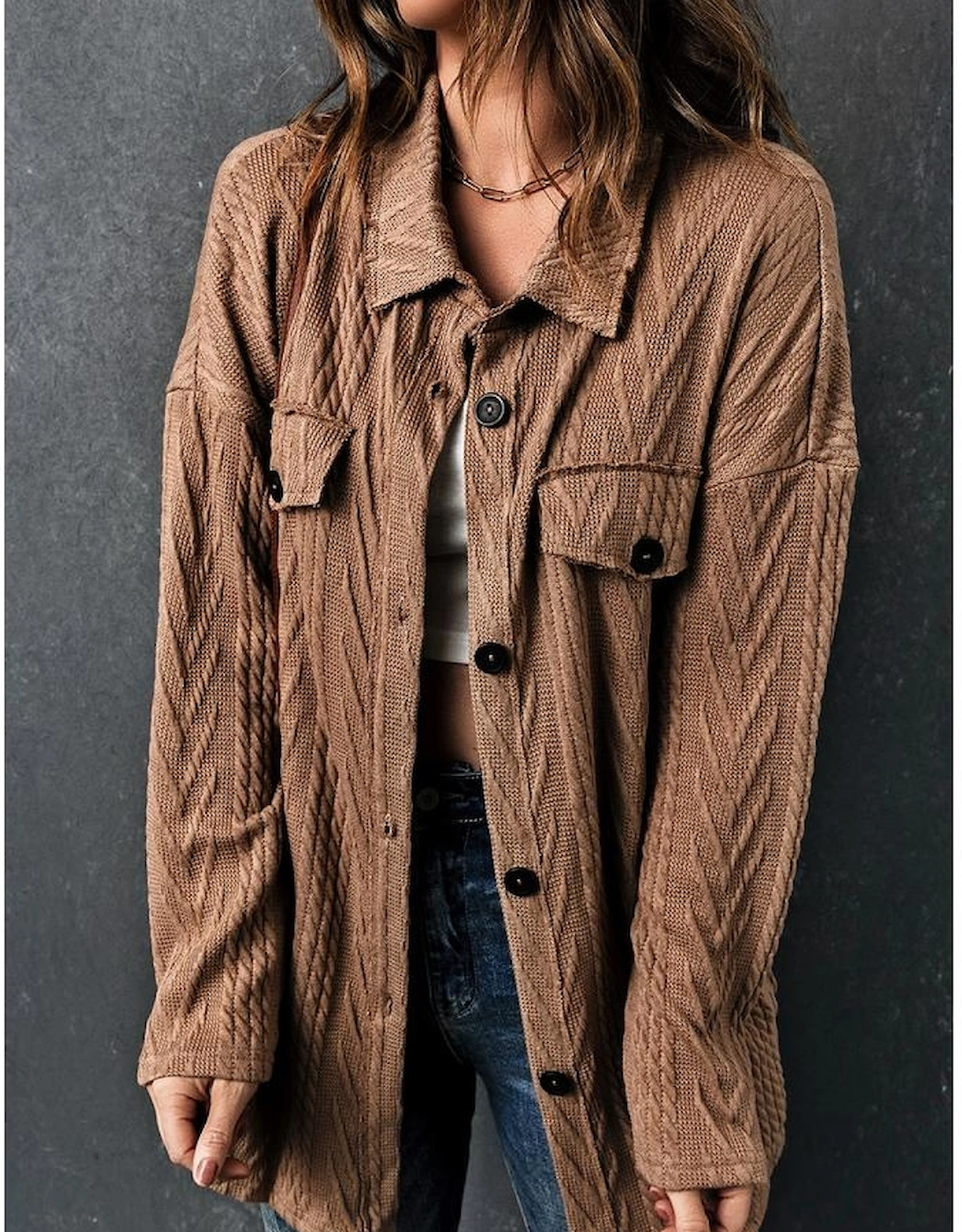 Azura Exchange Khaki Oversize Textured Knit Button Front Shacket, 3 of 2