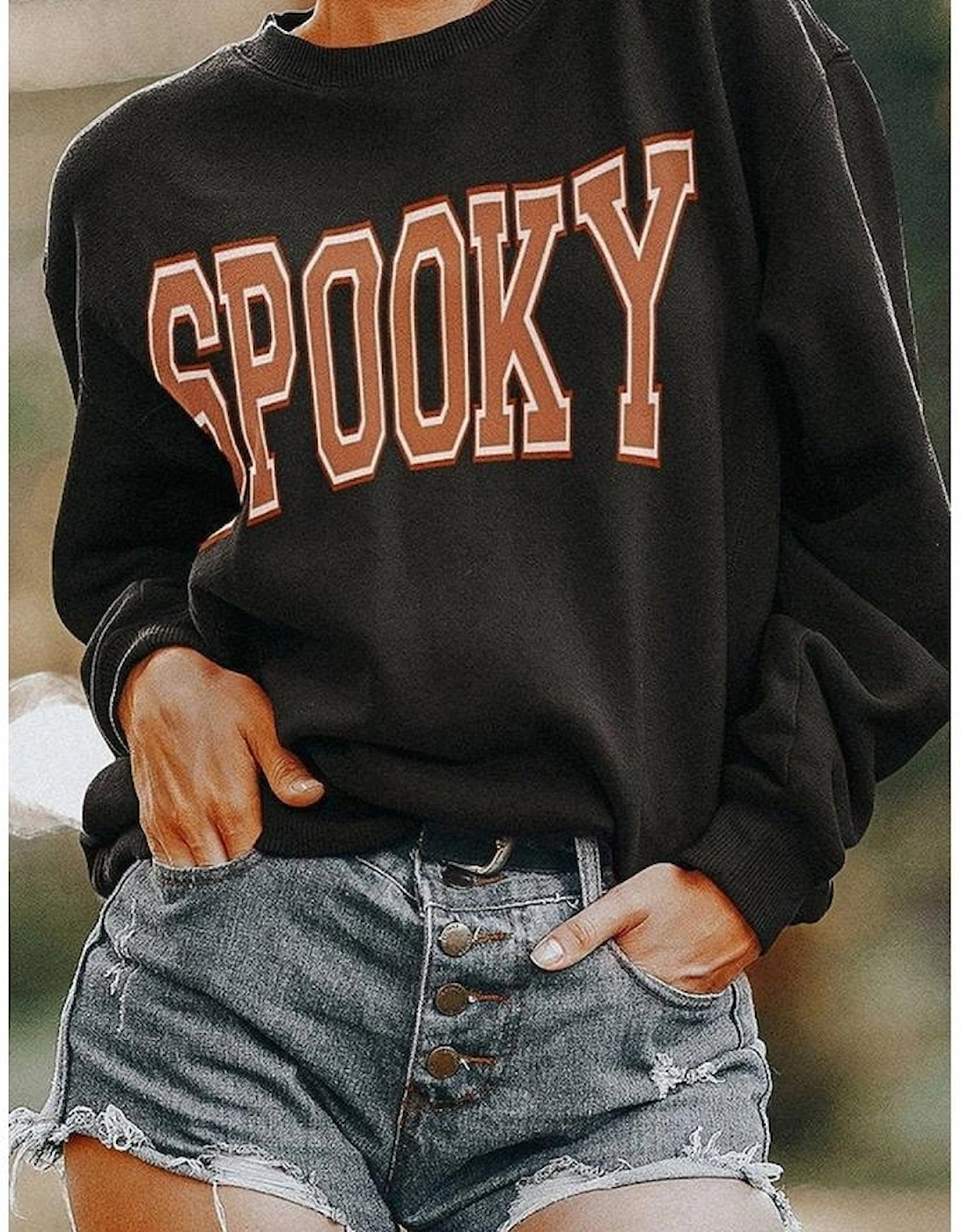 Black SPOOKY Graphic Drop Shoulder Halloween Pullover Sweatshirt