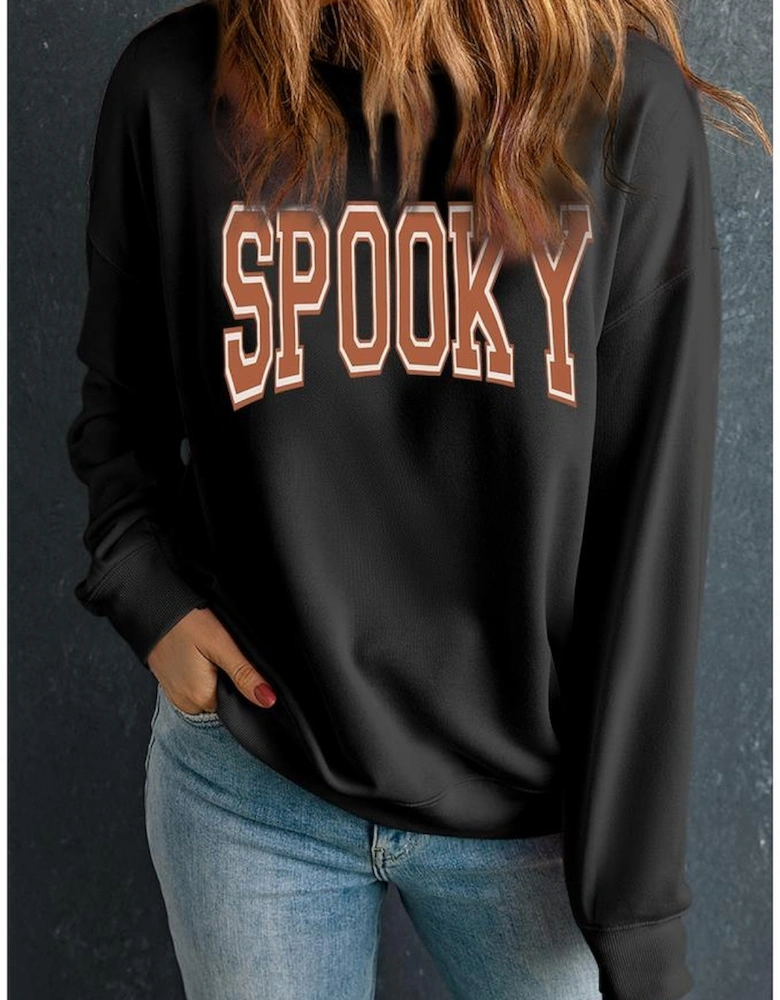 Black SPOOKY Graphic Drop Shoulder Halloween Pullover Sweatshirt