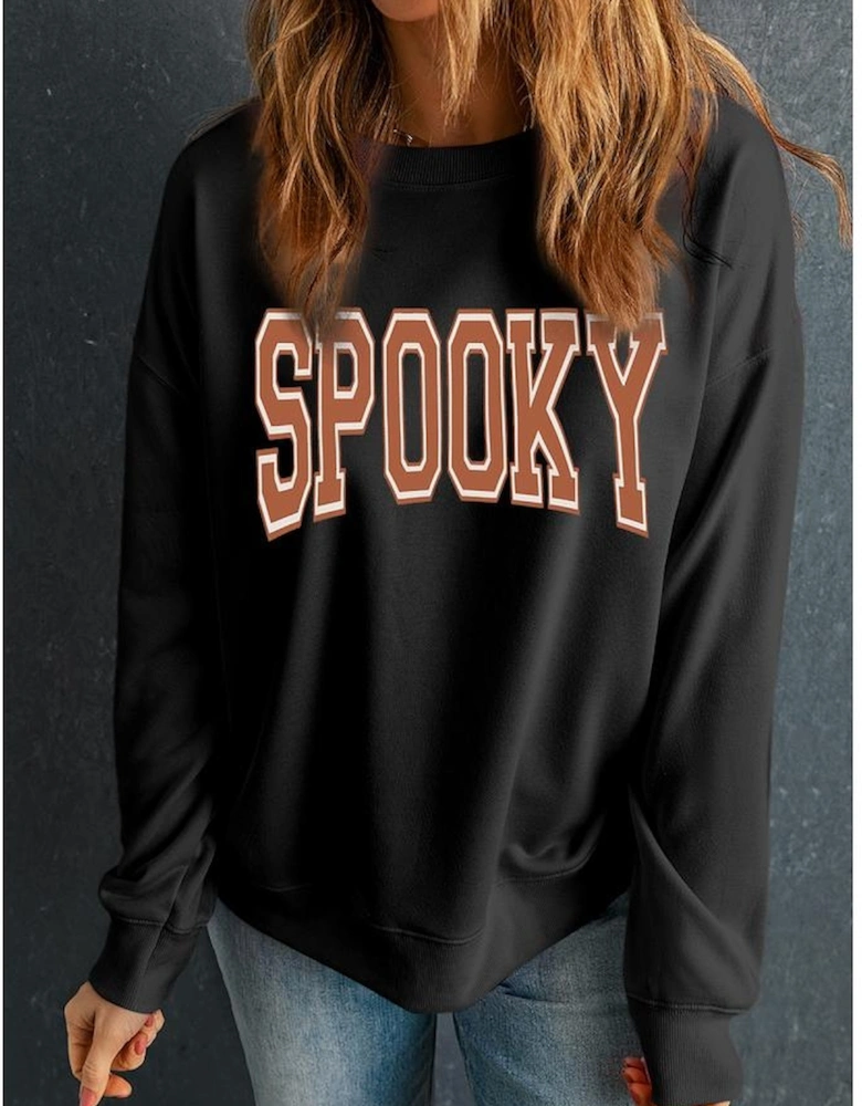 Black SPOOKY Graphic Drop Shoulder Halloween Pullover Sweatshirt