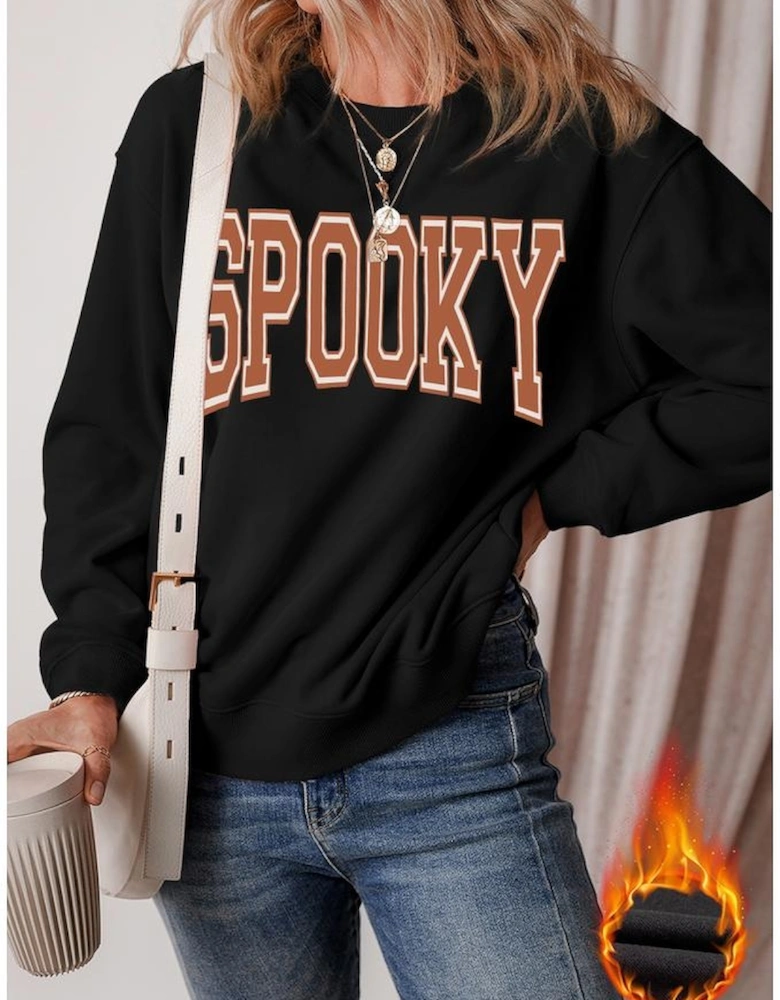 Black SPOOKY Graphic Drop Shoulder Halloween Pullover Sweatshirt