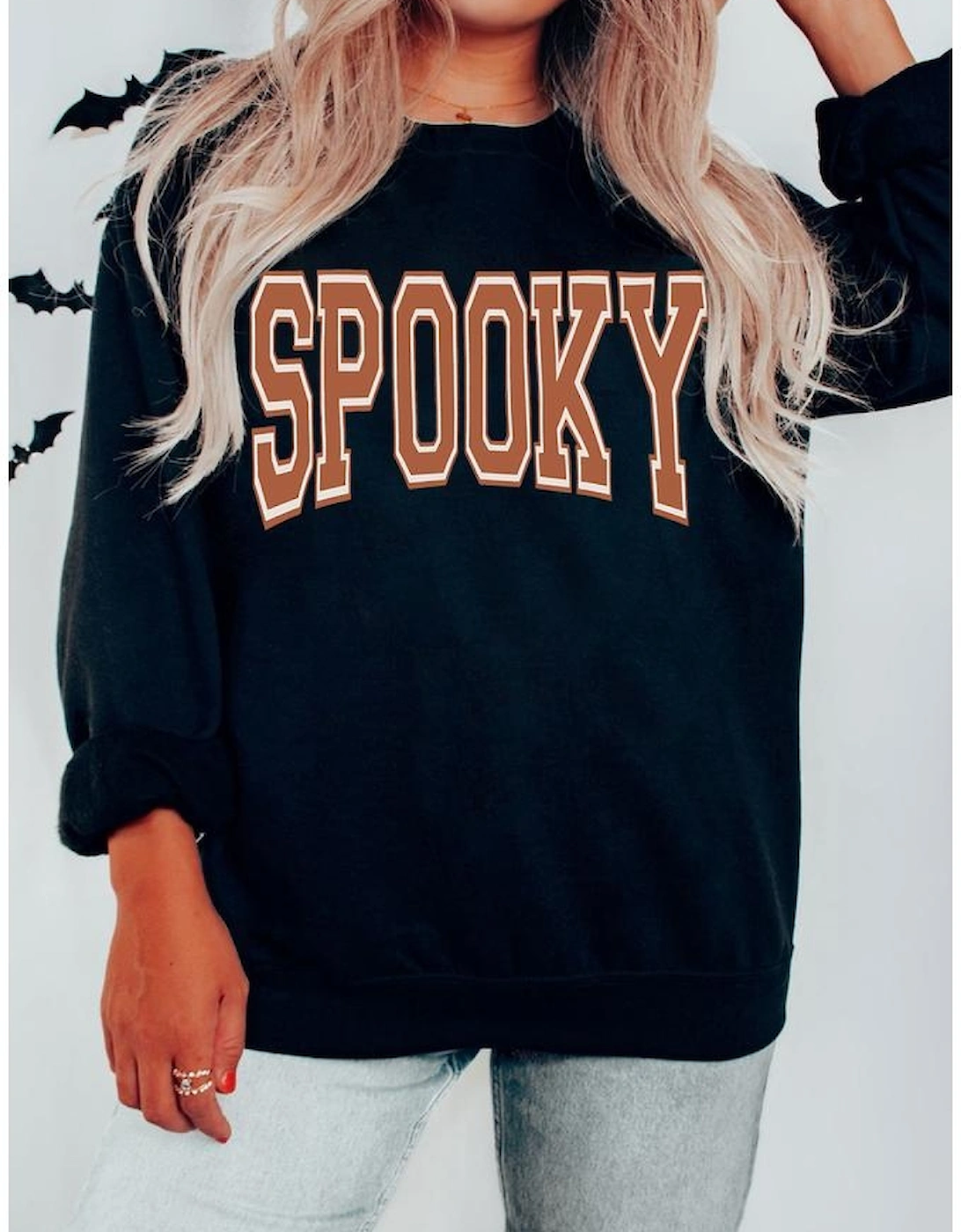 Black SPOOKY Graphic Drop Shoulder Halloween Pullover Sweatshirt