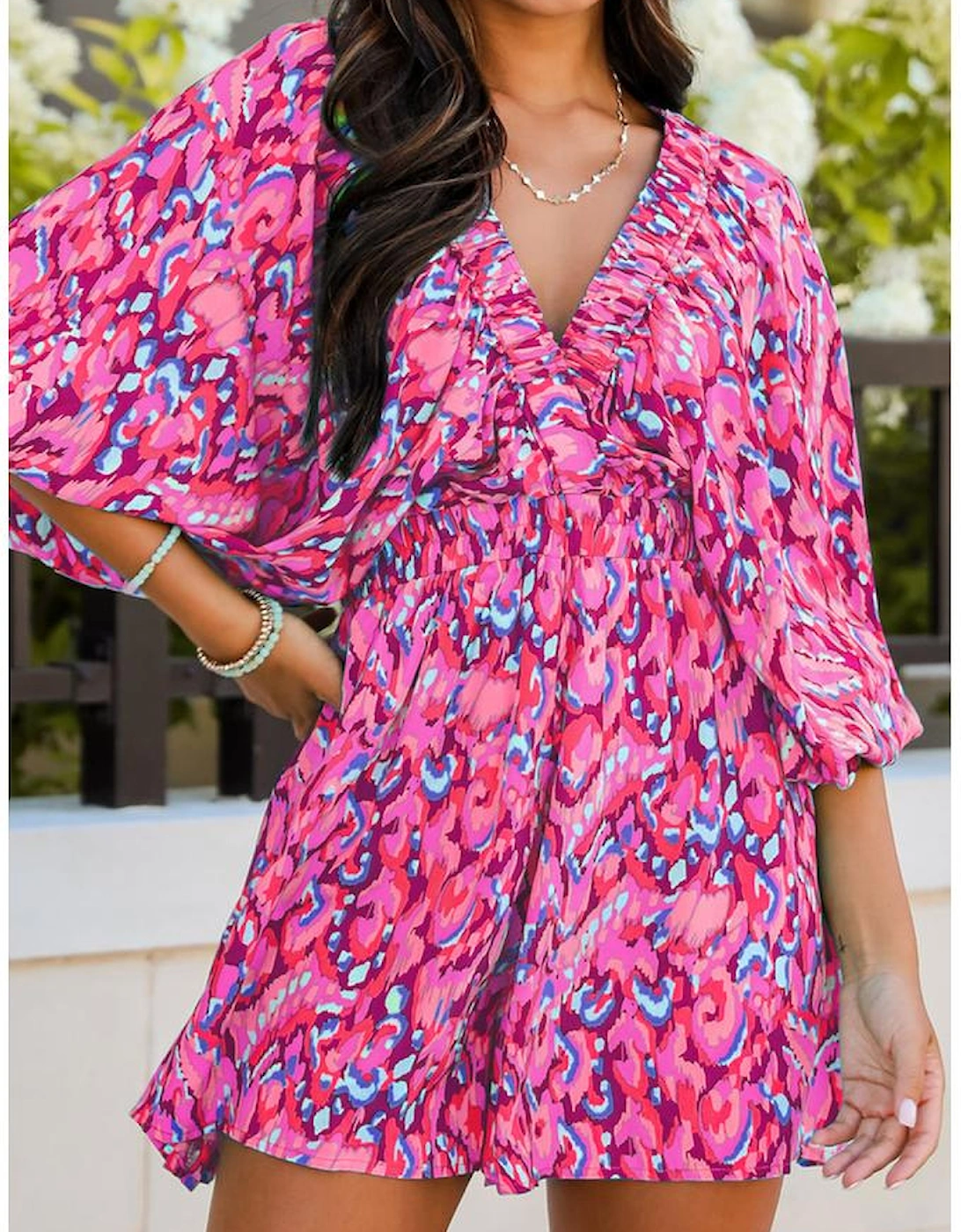 Pink Abstract Print Puff Sleeve V Neck High Waist Romper