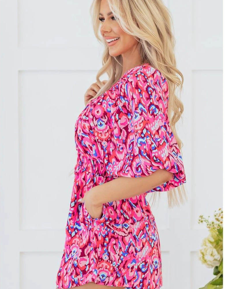 Pink Abstract Print Puff Sleeve V Neck High Waist Romper