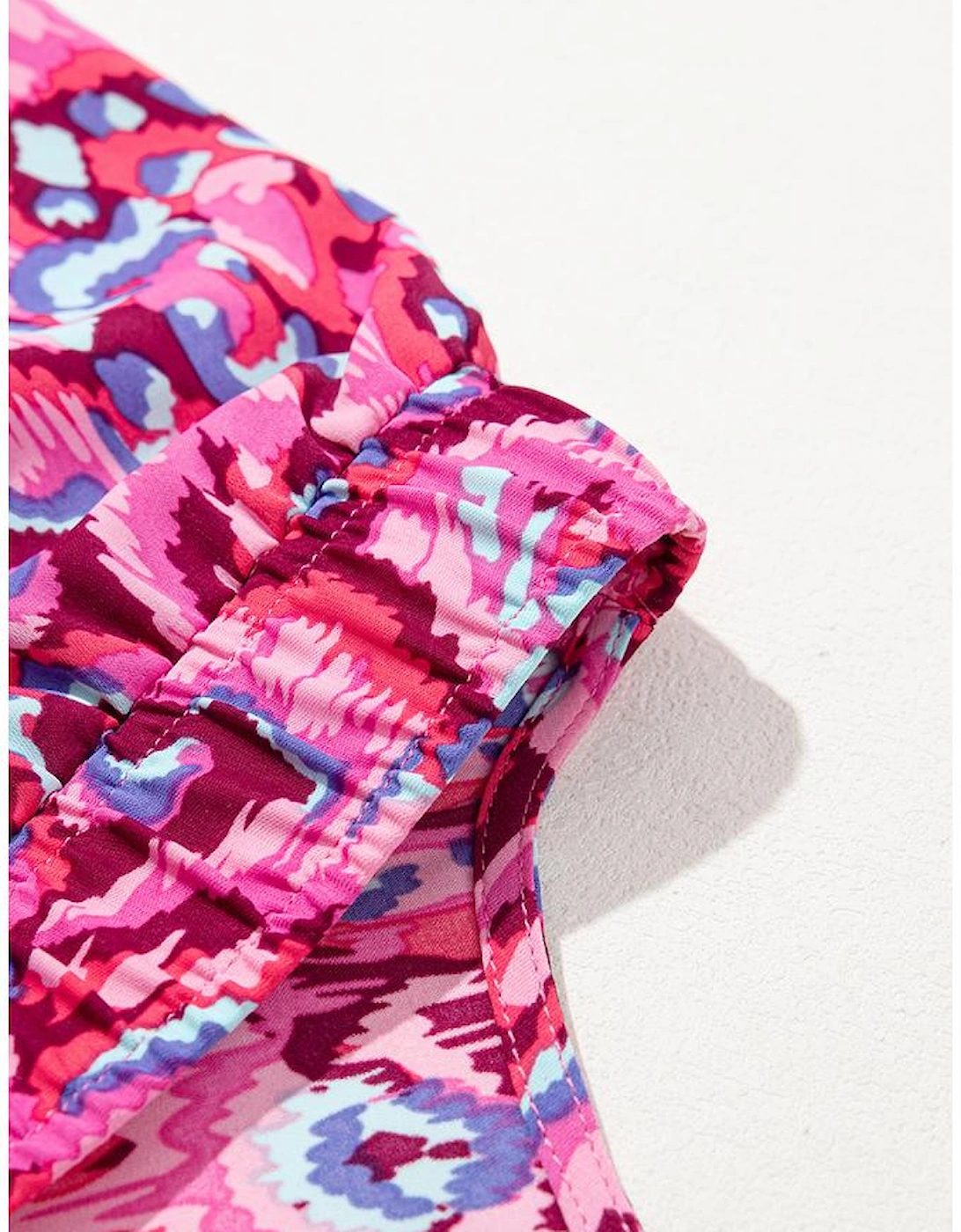 Pink Abstract Print Puff Sleeve V Neck High Waist Romper