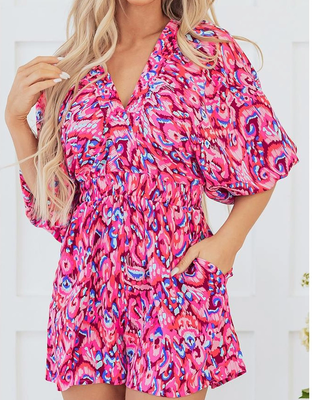 Pink Abstract Print Puff Sleeve V Neck High Waist Romper