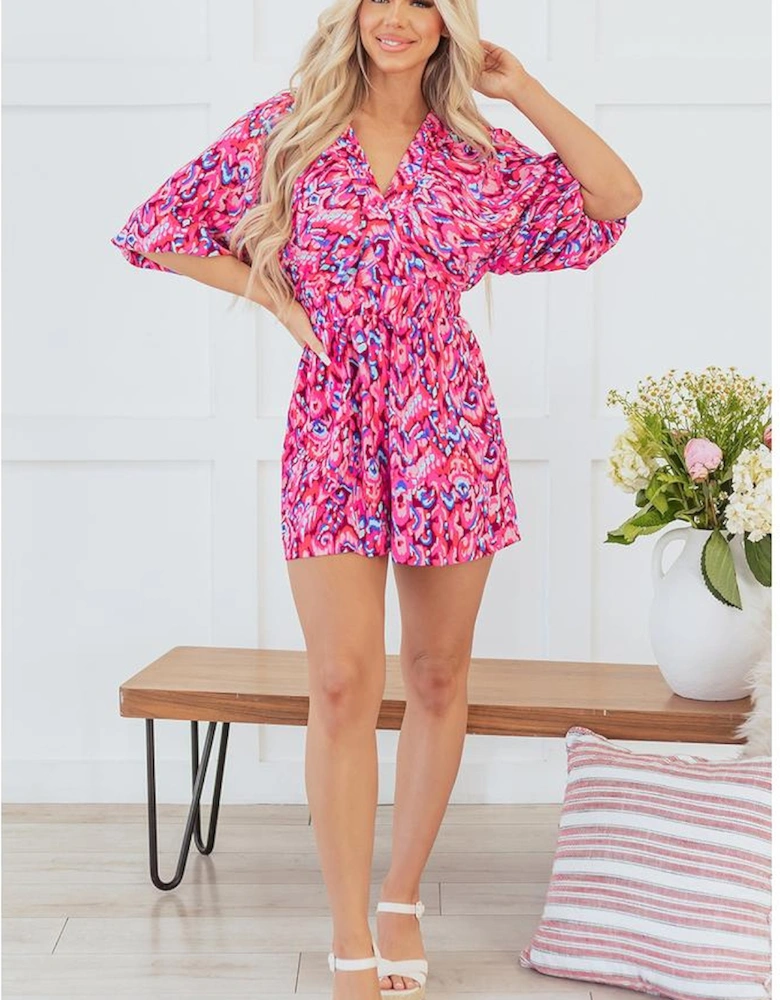 Pink Abstract Print Puff Sleeve V Neck High Waist Romper