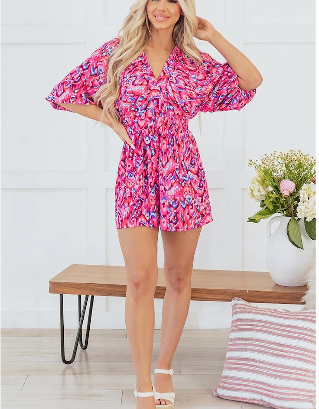 Pink Abstract Print Puff Sleeve V Neck High Waist Romper