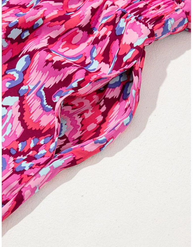 Pink Abstract Print Puff Sleeve V Neck High Waist Romper