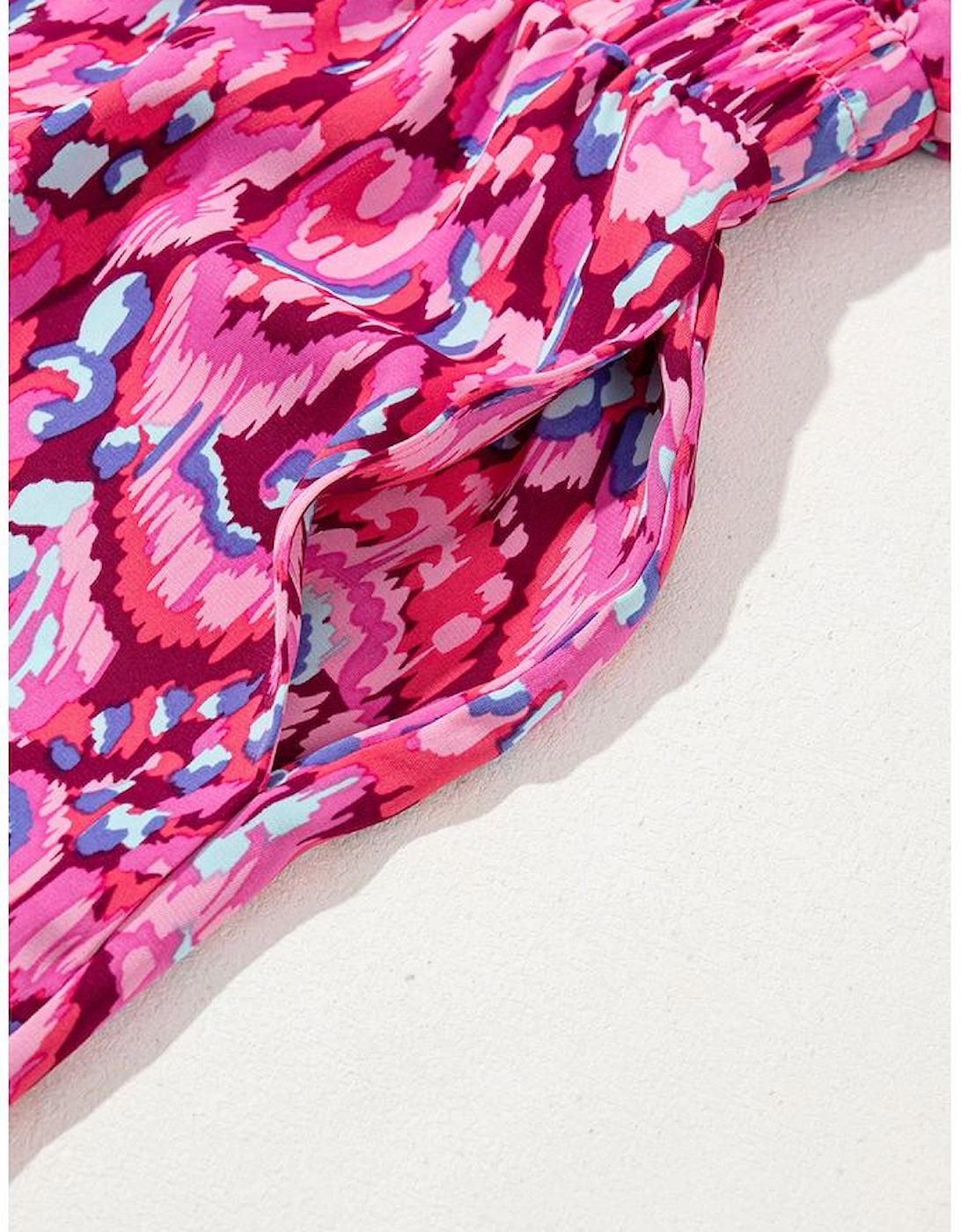 Pink Abstract Print Puff Sleeve V Neck High Waist Romper