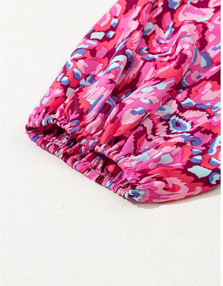 Pink Abstract Print Puff Sleeve V Neck High Waist Romper