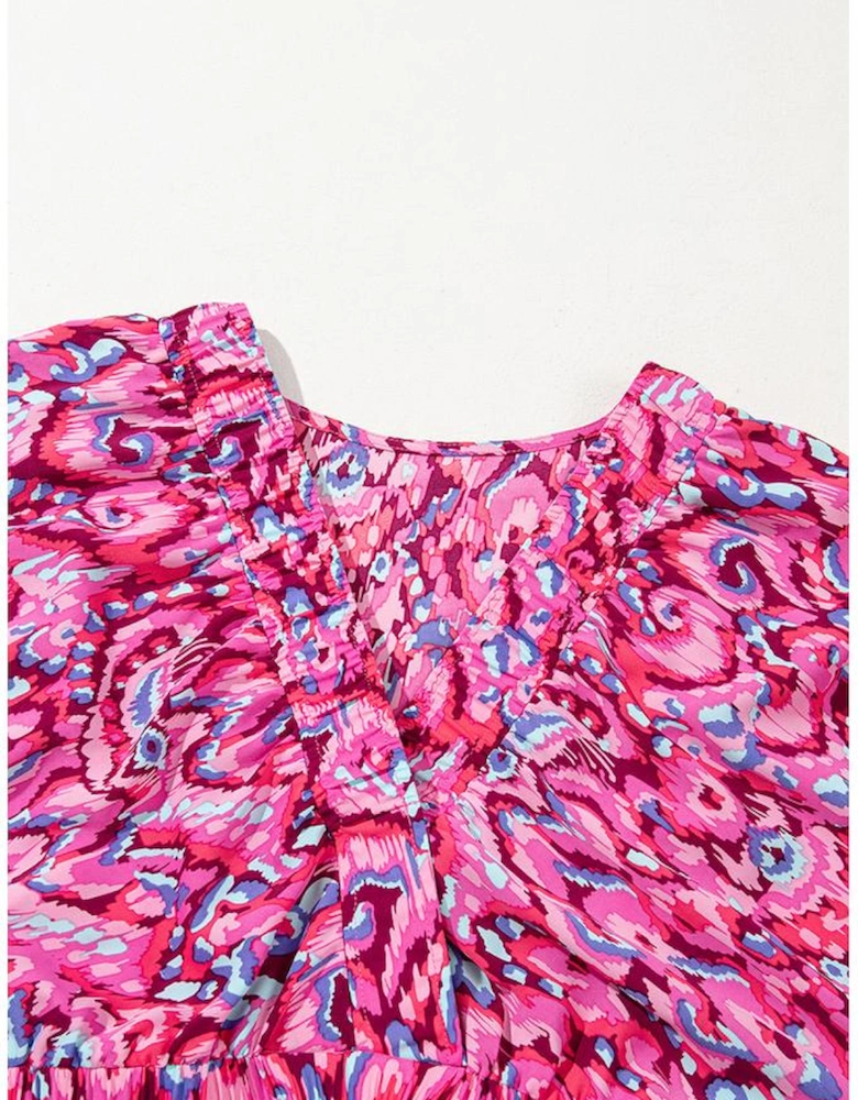 Pink Abstract Print Puff Sleeve V Neck High Waist Romper