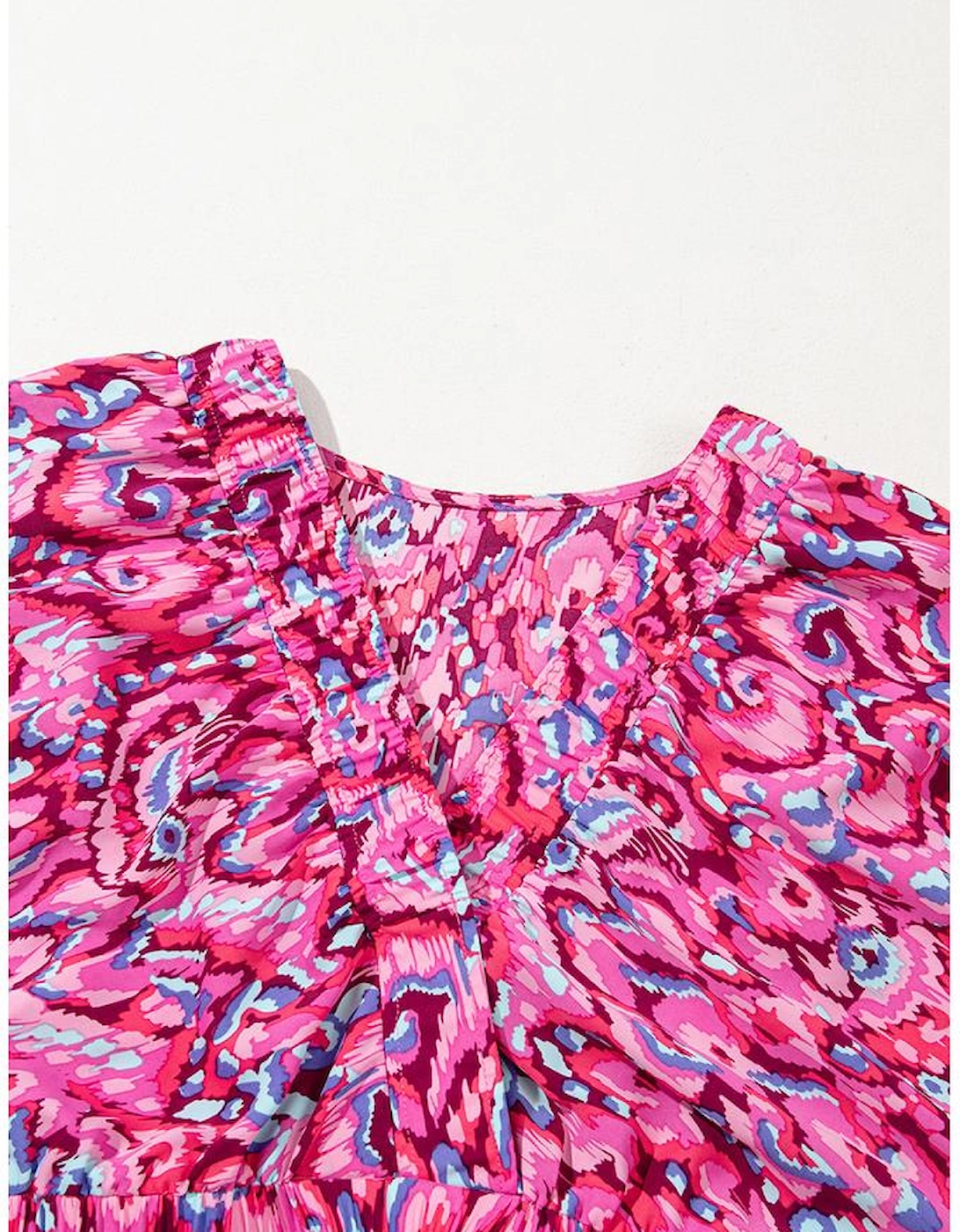 Pink Abstract Print Puff Sleeve V Neck High Waist Romper