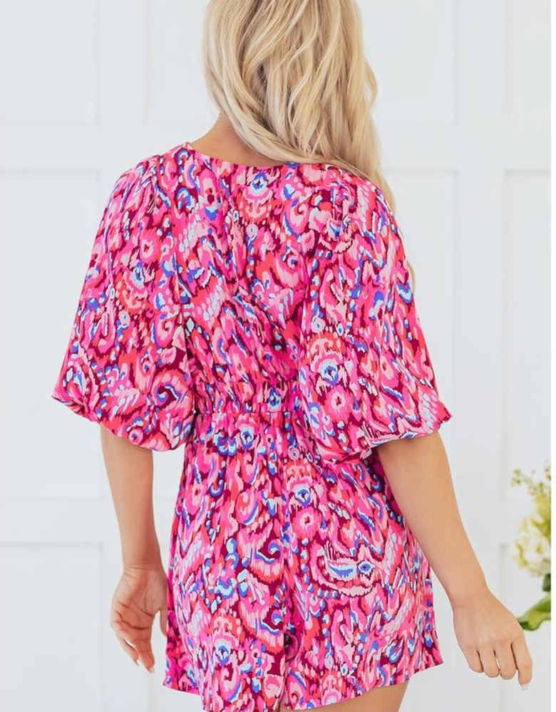 Pink Abstract Print Puff Sleeve V Neck High Waist Romper