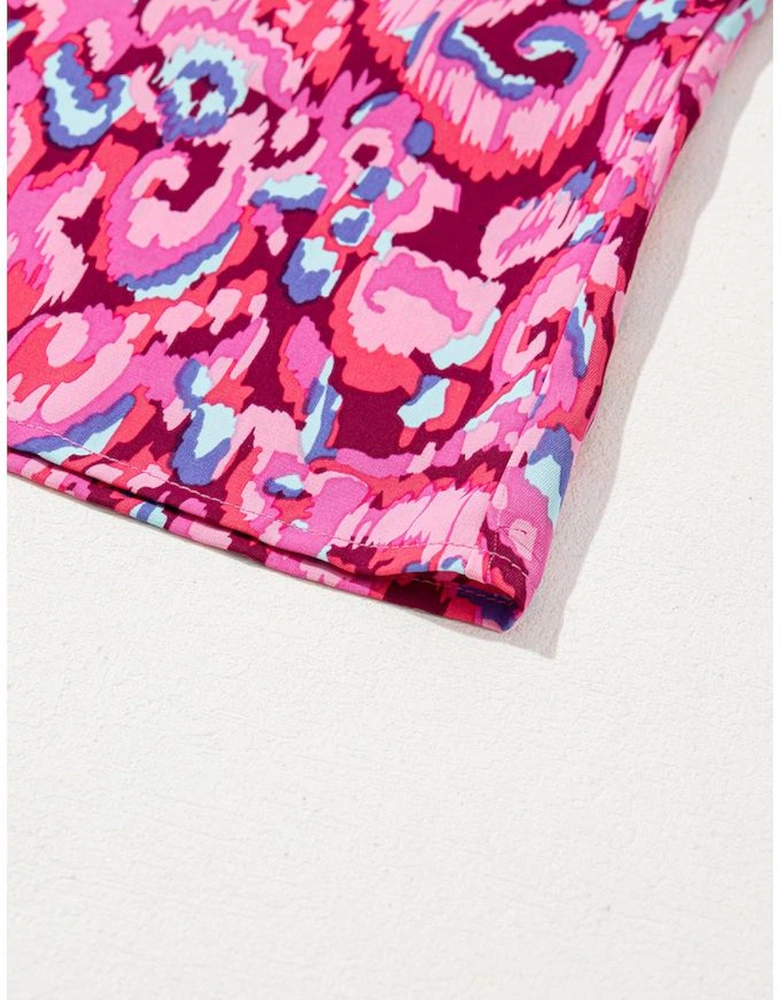Pink Abstract Print Puff Sleeve V Neck High Waist Romper