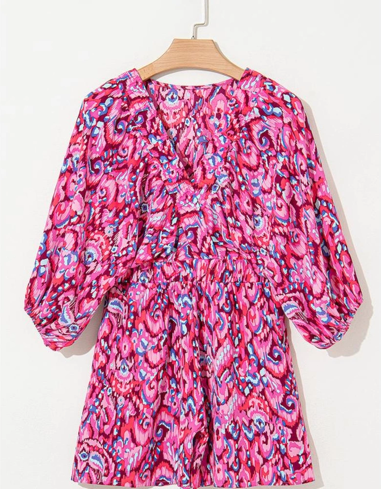 Pink Abstract Print Puff Sleeve V Neck High Waist Romper