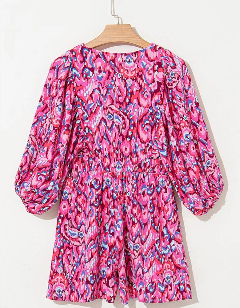 Pink Abstract Print Puff Sleeve V Neck High Waist Romper