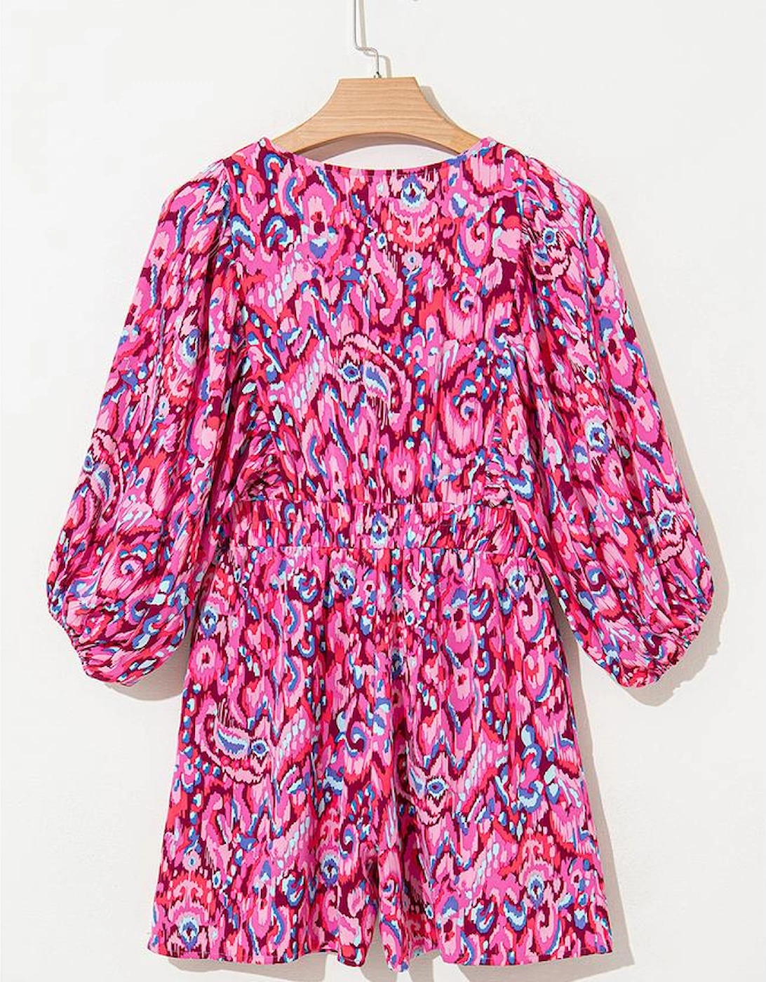 Pink Abstract Print Puff Sleeve V Neck High Waist Romper