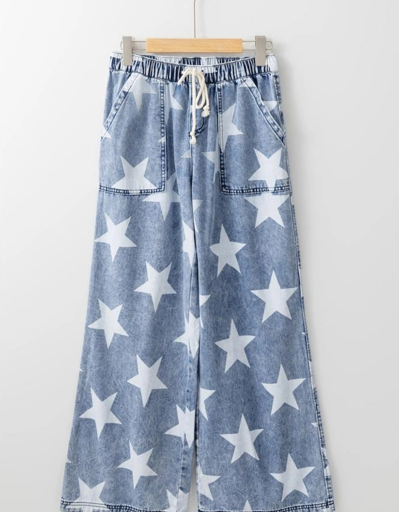 Light Blue Star Print Light Wash Drawstring High Waist Wide Leg Jeans