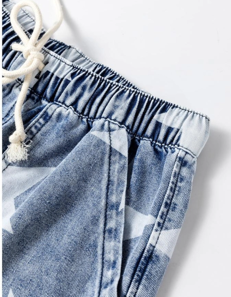 Light Blue Star Print Light Wash Drawstring High Waist Wide Leg Jeans