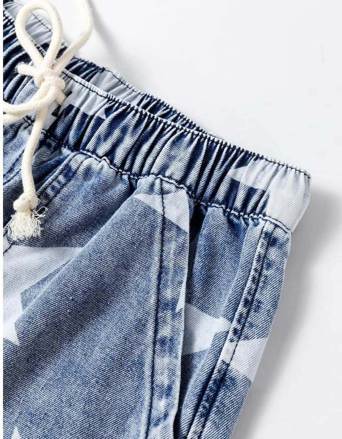 Light Blue Star Print Light Wash Drawstring High Waist Wide Leg Jeans