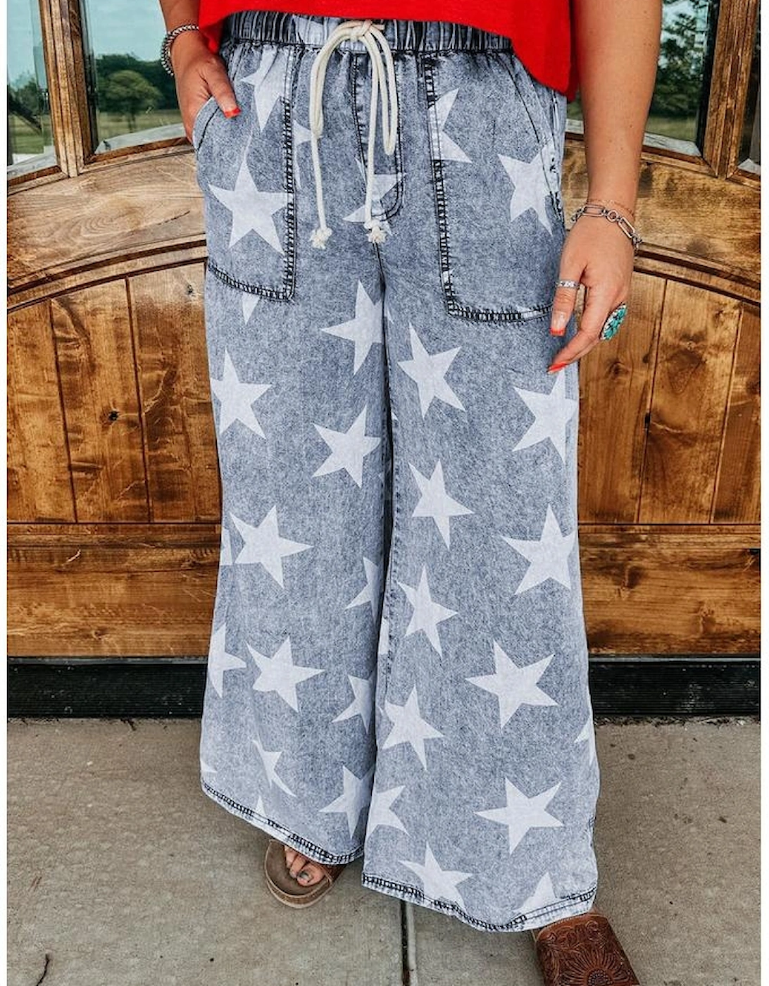 Light Blue Star Print Light Wash Drawstring High Waist Wide Leg Jeans