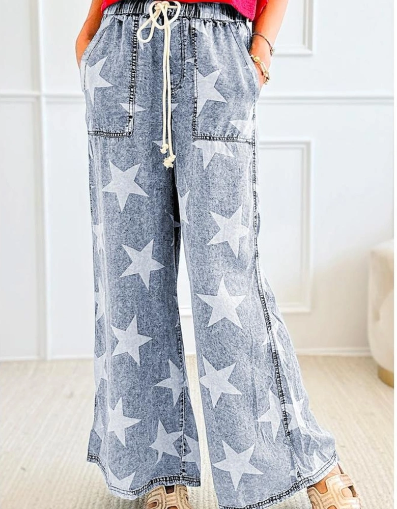 Light Blue Star Print Light Wash Drawstring High Waist Wide Leg Jeans